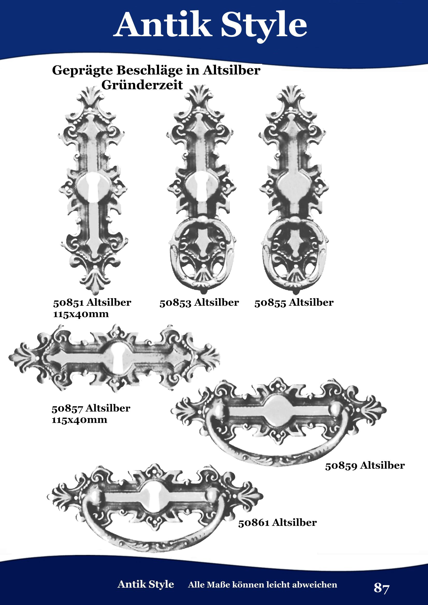 Geprägte Beschläge für Möbel ,Gründerzeit Altsilber. Seite